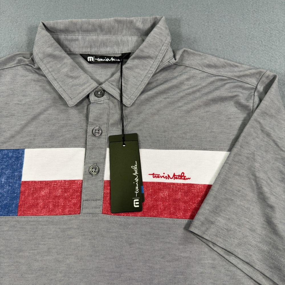 Travis Mathew Mens Texas Flag Polo Shirt Grey Medium Pima Cotton Blend NWT